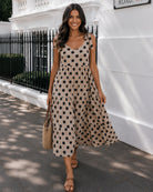 Women's khaki spot linen blend midi dress side view, the Lyda Dress in Khaki Spot by Esther & Co