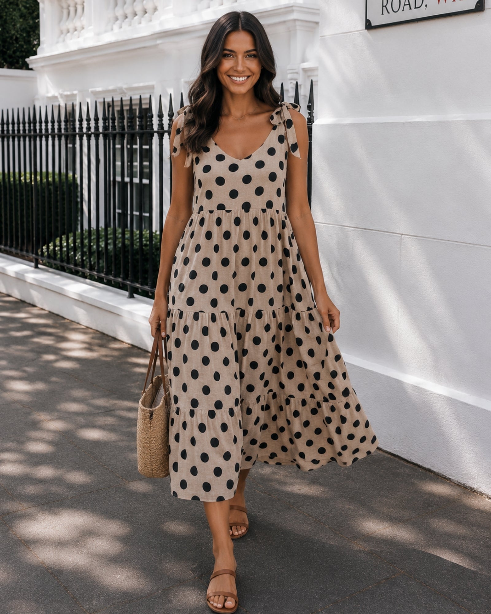 Women's khaki spot linen blend midi dress side view, the Lyda Dress in Khaki Spot by Esther & Co
