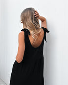Lydia Dress in Black womens black linen midi styled outfit