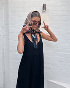 Lydia Dress in Black black linen midi dress full length view