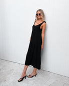 Lydia Dress in Black womens black linen midi dress back view