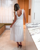 Lydia white linen midi dress styled with sandals