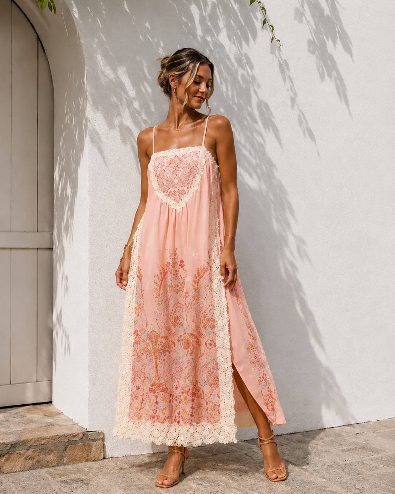 Women's blush lace maxi dress, the Maelis Dress in Blush Serenade by Esther & Co