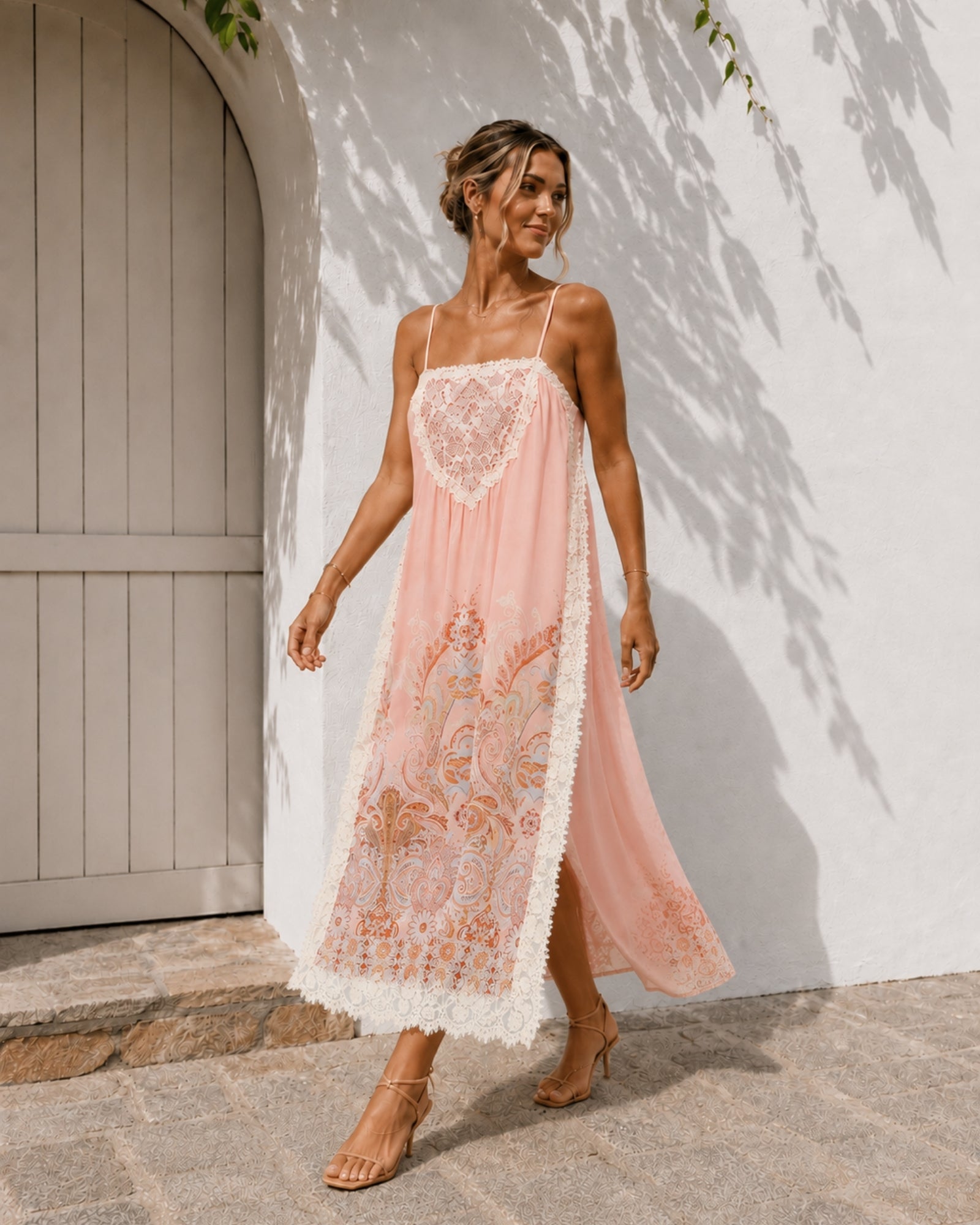 Women's blush lace maxi dress front view by Esther & Co