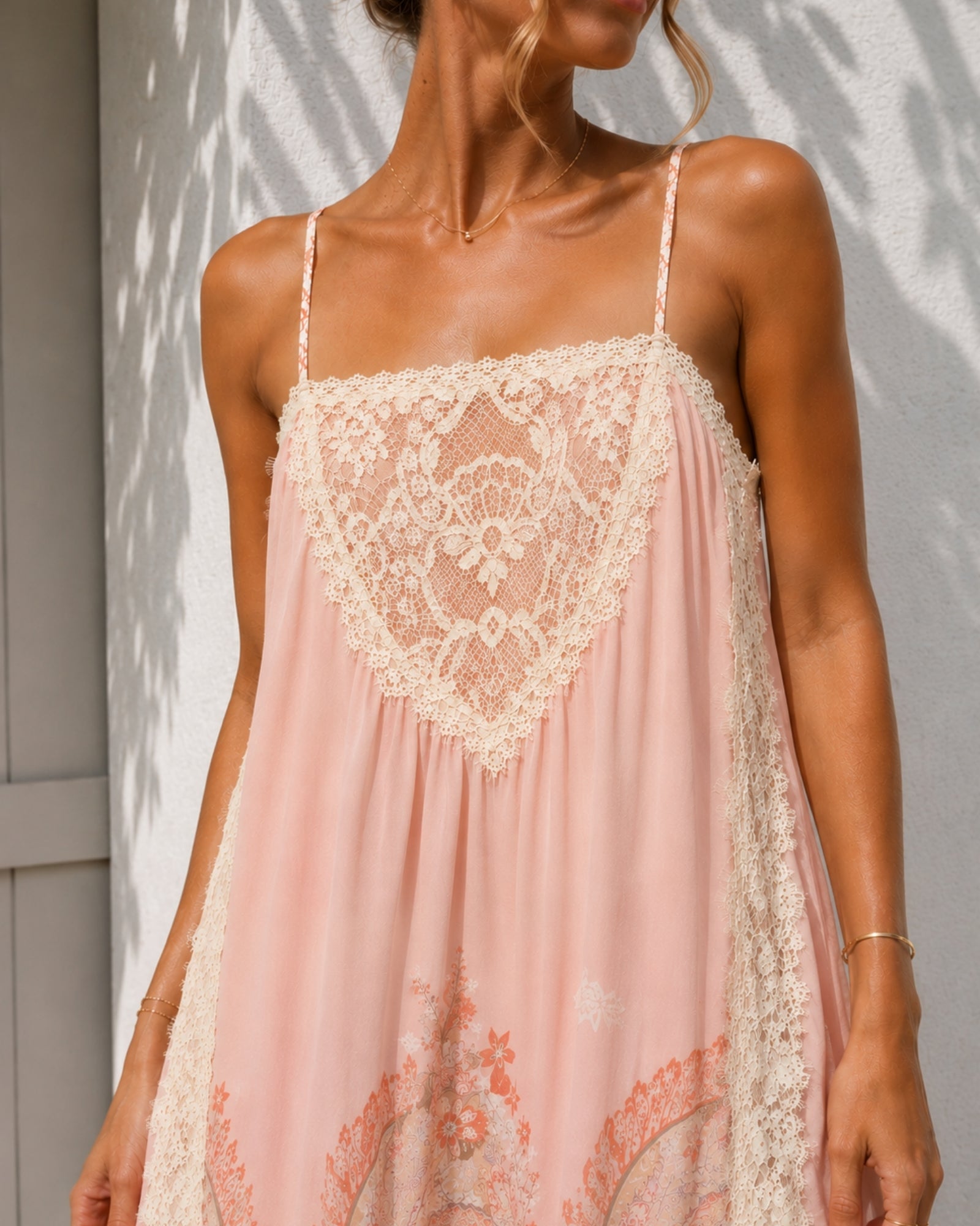 Women's blush lace maxi dress styled outfit by Esther & Co