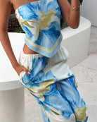 Women's blue, white and green floral strapless crop top by Esther & Co