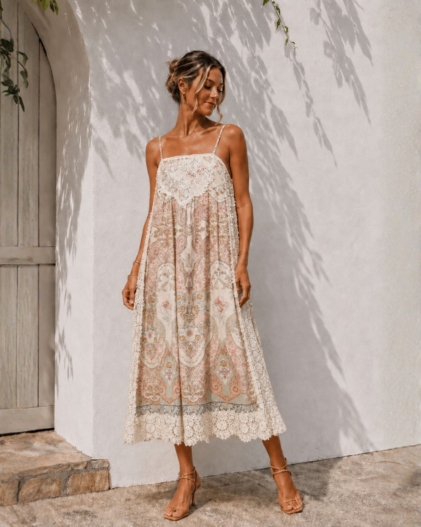 Women's paisley floral print midi dress with a square neckline, the Maravelle Dress in Boho Reverie by Esther & Co