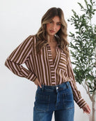 Women's chocolate stripe button up shirt with collar and relaxed fit, the Mariette Shirt in Choc Stripe by Esther & Co