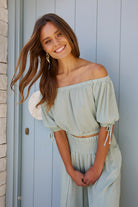Women's sage green quarter sleeve crop top by Esther & Co