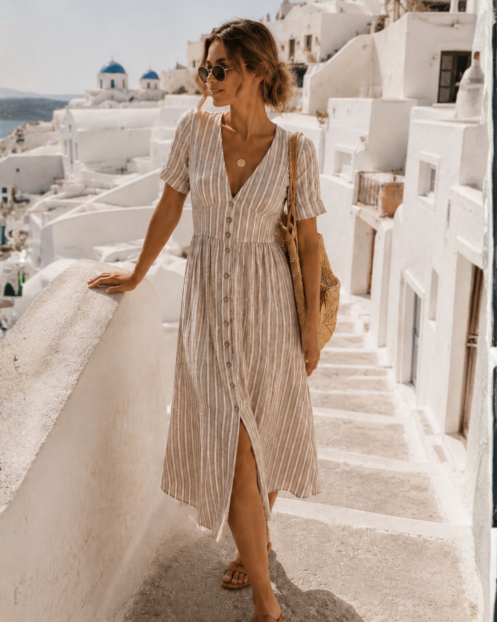 Women's cocoa striped dress front view, the Mariska Dress in Cocoa Stripe by Esther & Co