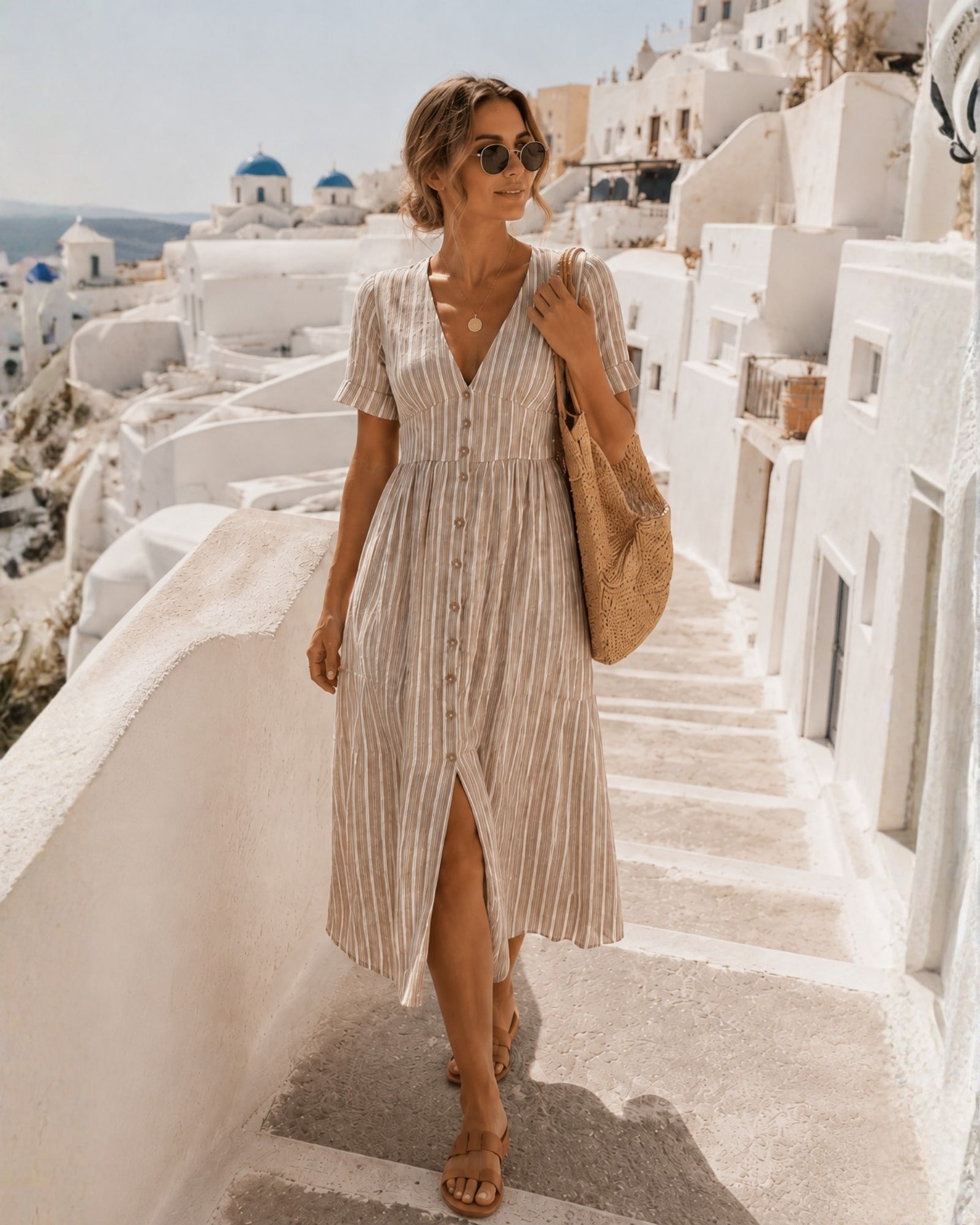 Women's cocoa striped dress side view, the Mariska Dress in Cocoa Stripe by Esther & Co