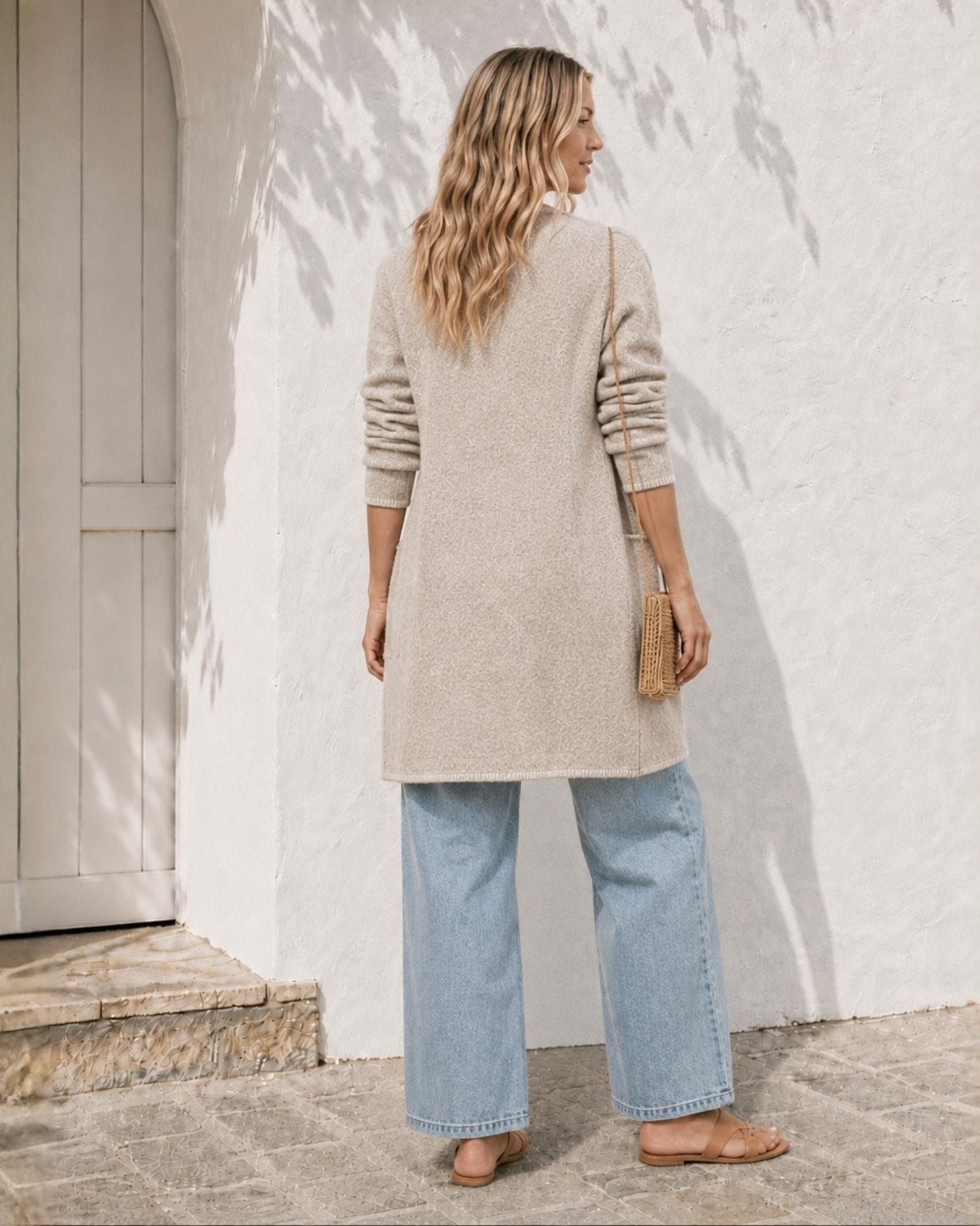 Women's natural open front knit coatigan side view, the Marisole Coatigan in Natural by Esther & Co