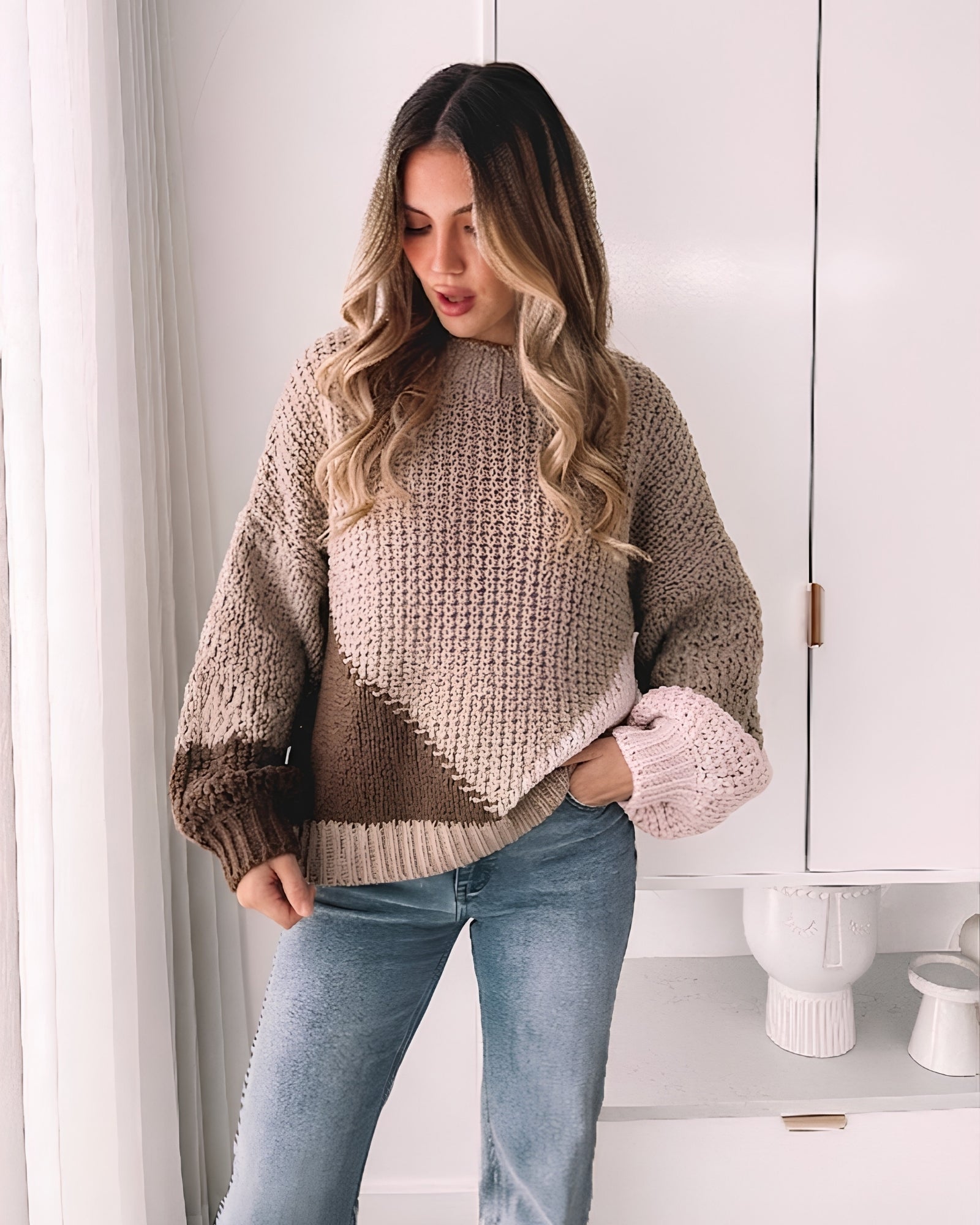 Maxence Knit in Mocha Multi womens colour block knit in mocha multi front view