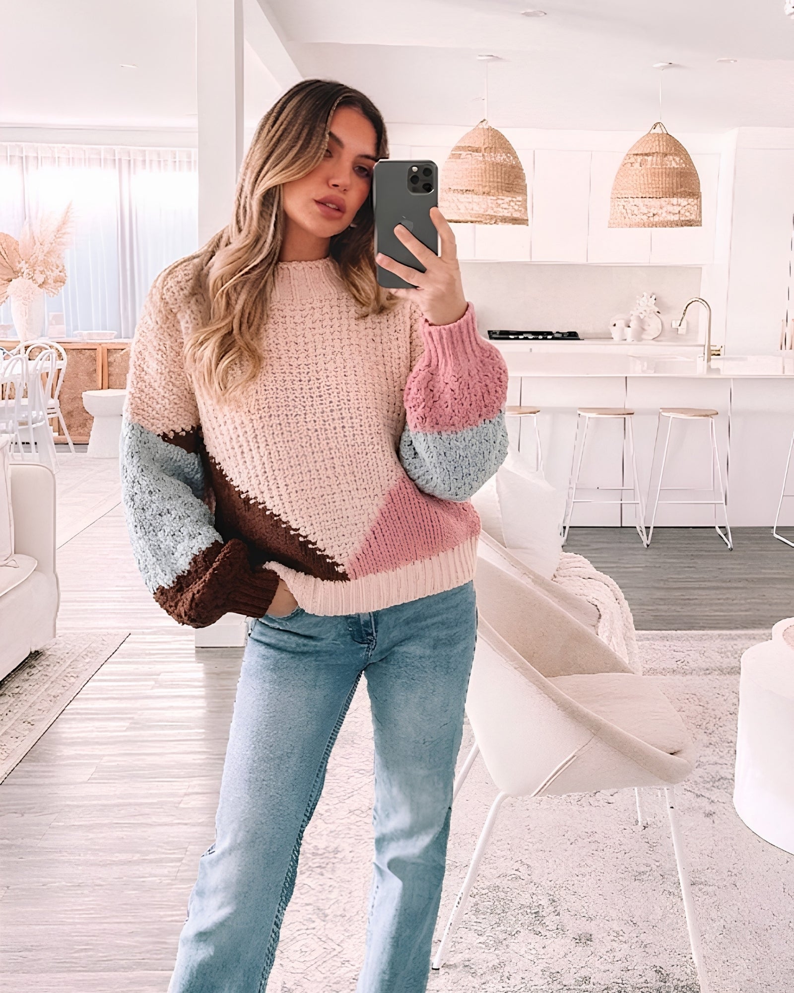 Maxence Knit in Pink Multi pink multi colour block waffle knit side view