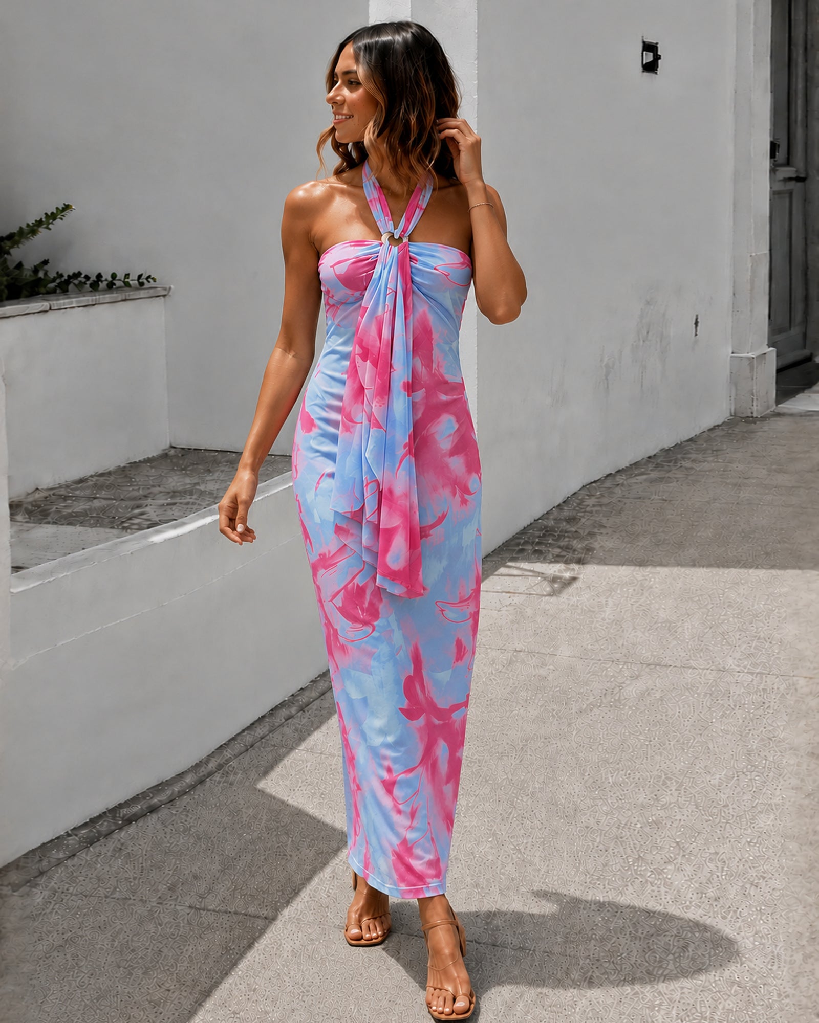 Women's pink and blue watercolour floral halter maxi dress, the Maxime Dress in Pink Lagoon by Esther & Co