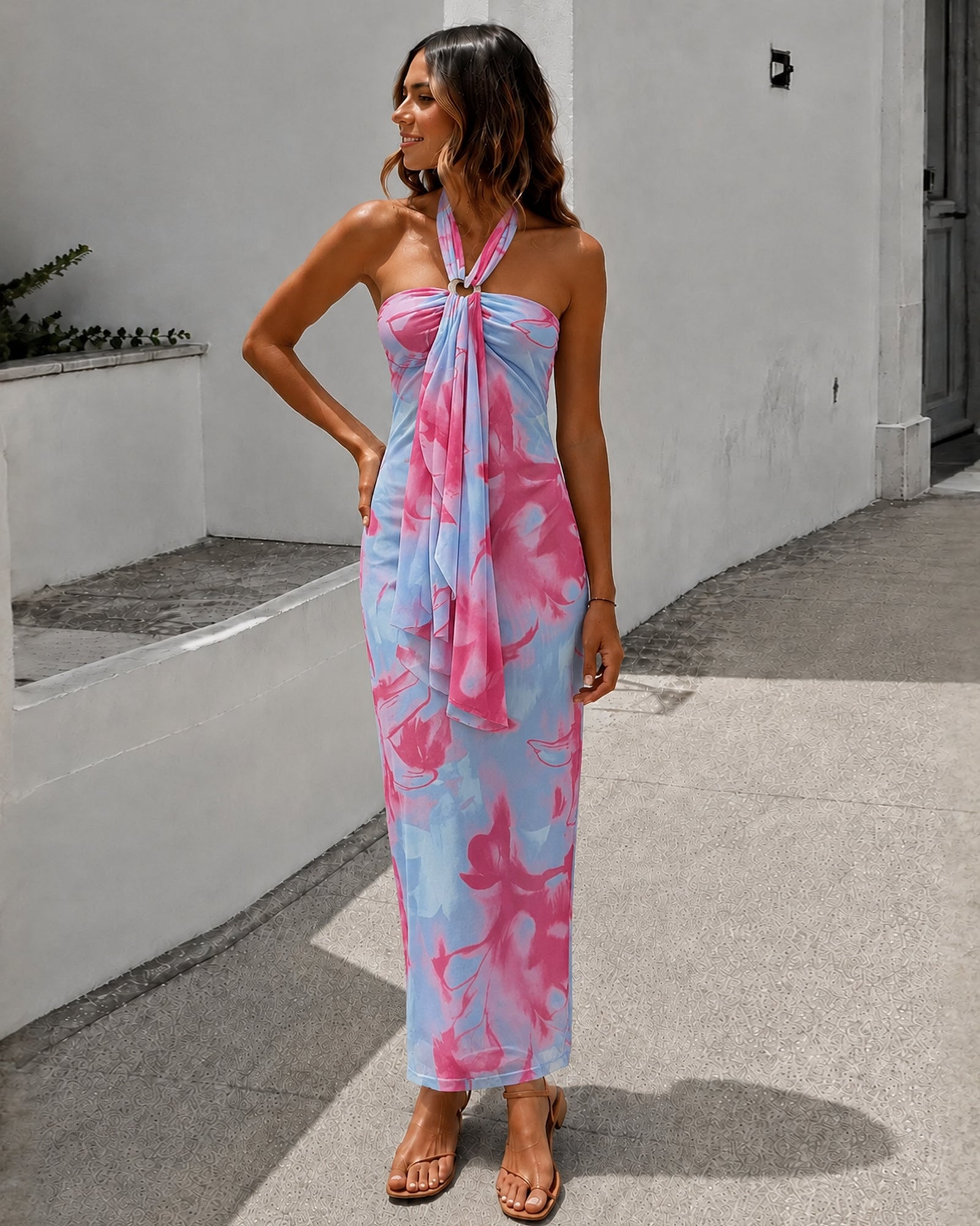 Women's body hugging watercolour floral maxi dress side view by Esther & Co