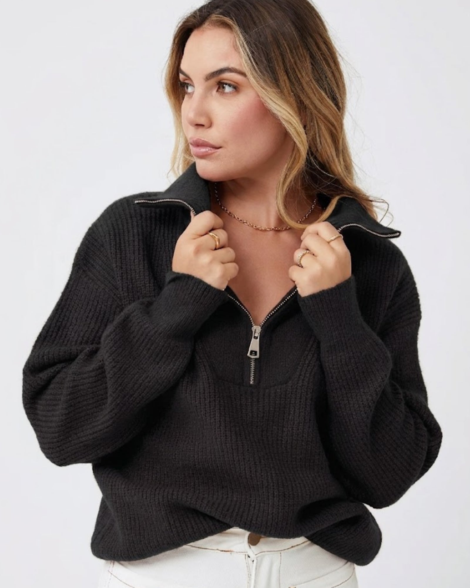 Merete Knit in Black womens high collar knit jumper in black front view