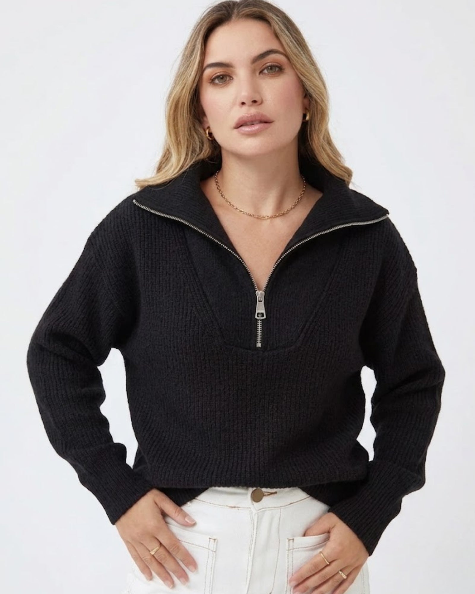 Merete Knit in Black black high collar knit with zip detail side view