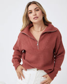 Merete Knit in Brick warm brick high collar knit with zip detail side view