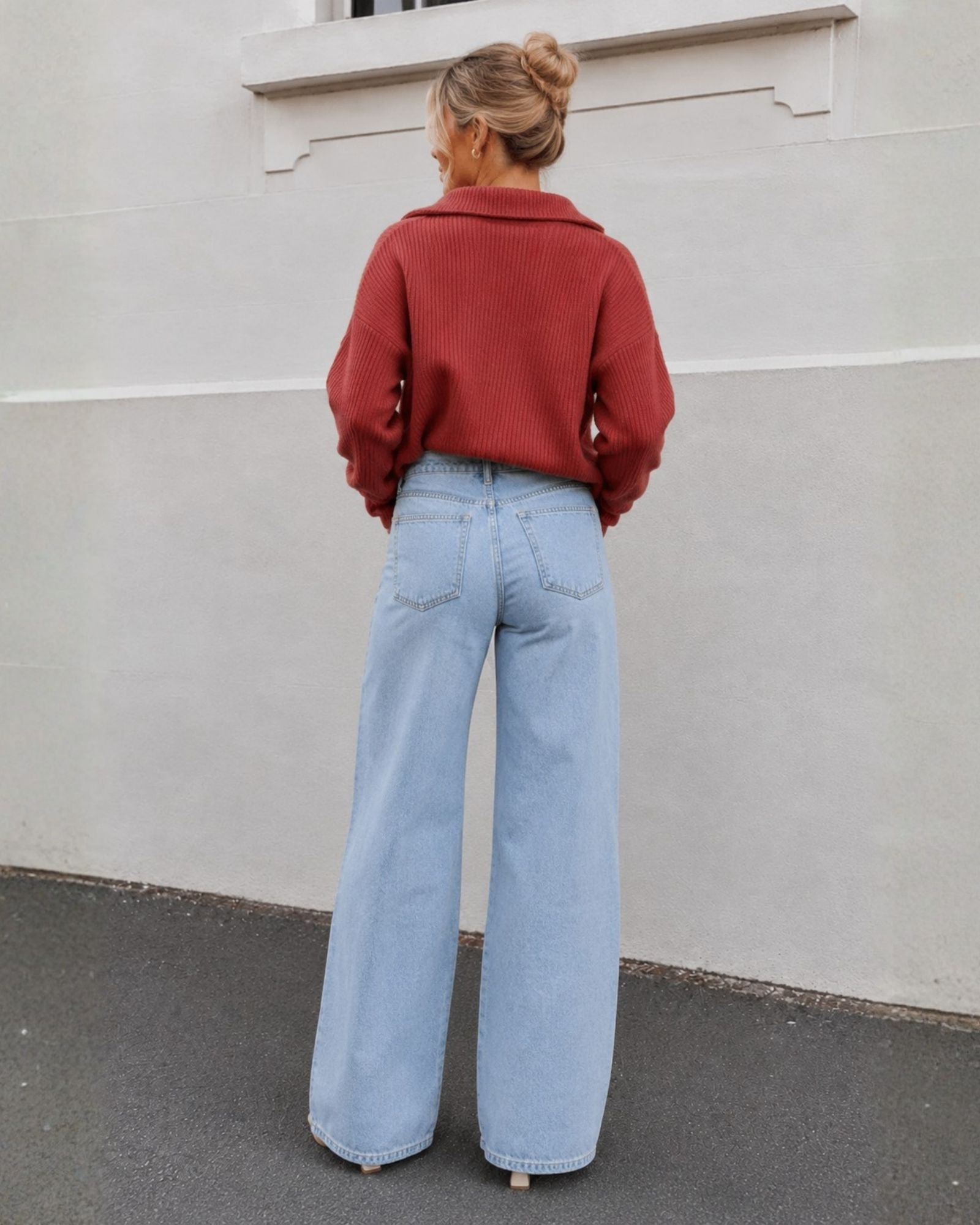 Merete Knit in Brick — women's high collar knit jumper, front view