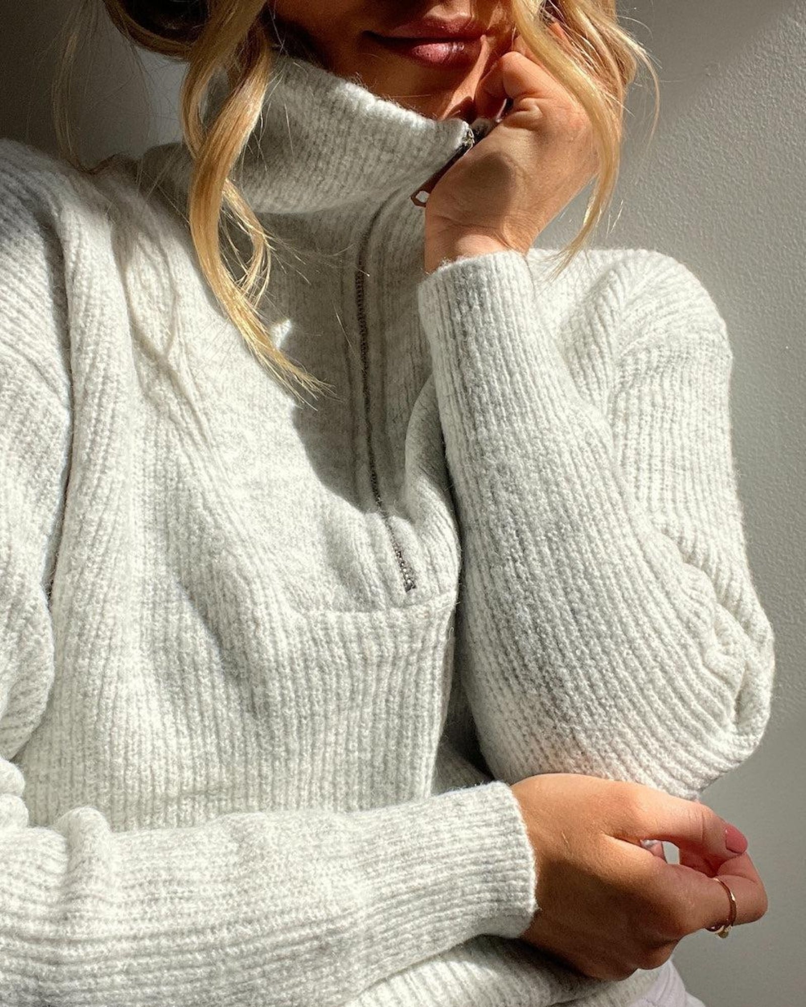 Merete Knit in Grey — women's high collar knit jumper, back view