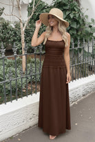 Women's brown smocked cotton maxi dress, the Mikayla Brown Dress by Esther & Co