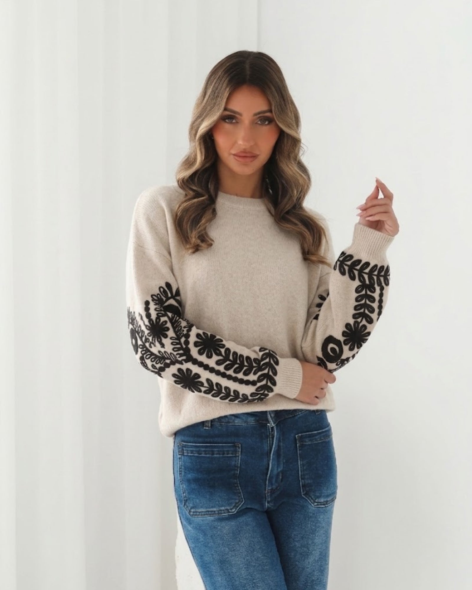 Mohanna latte embroidered knit jumper with crew neckline, side view