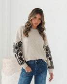 Mohanna latte floral embroidered jumper with ribbed cuffs, detail view