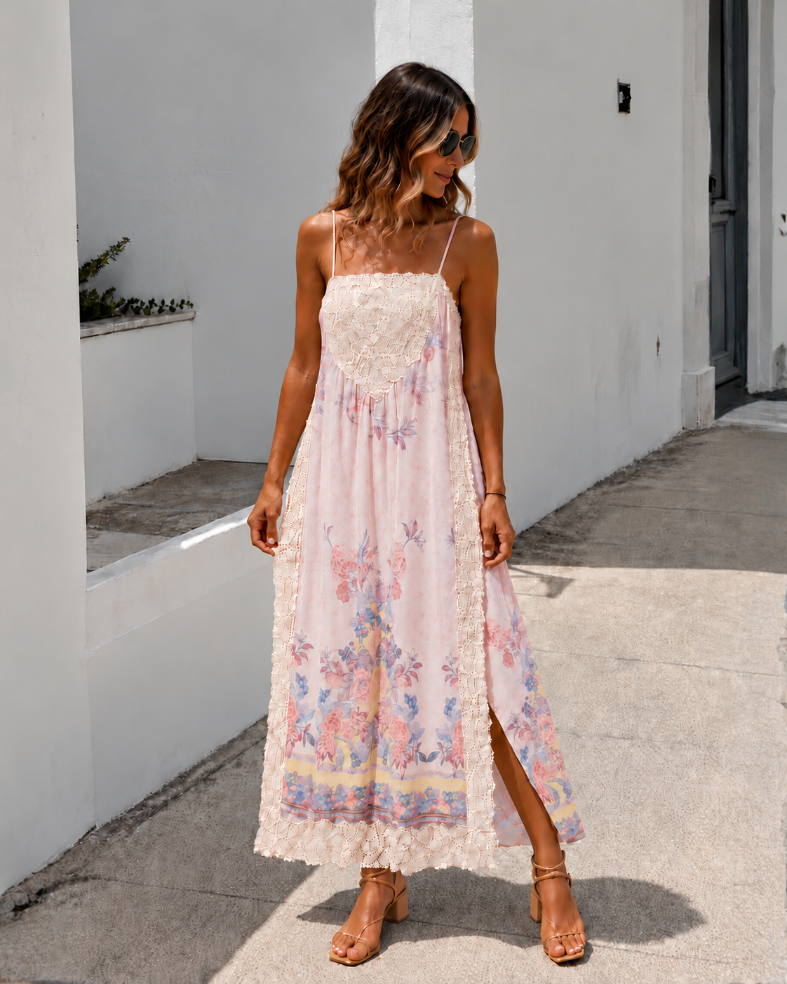 Morgaise Dress in Gypsy Rose, front view with tan block heels.