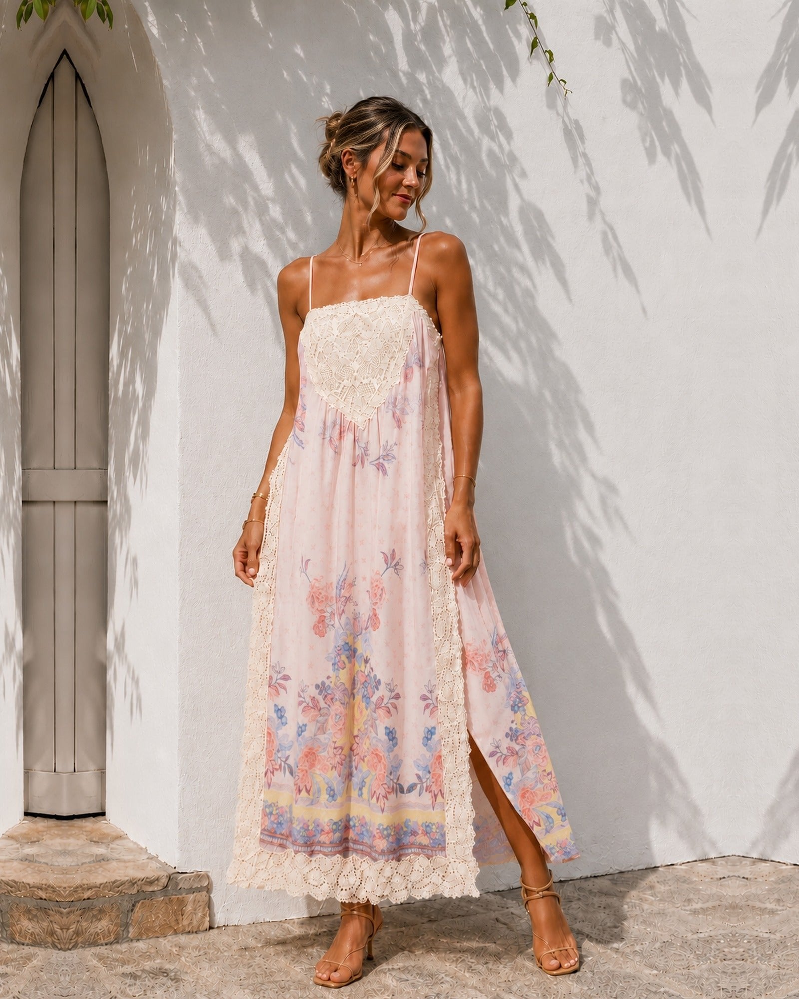 Women's blush pink floral maxi dress with crochet lace bib, the Morgaise Dress in Gypsy Rose by Esther & Co