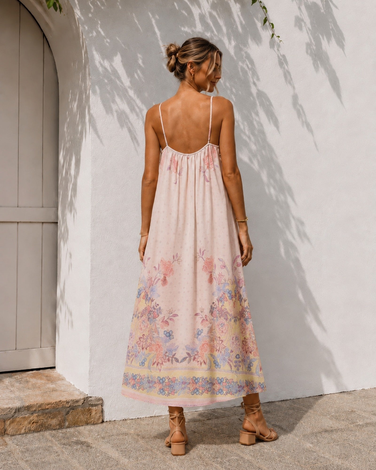Women's blush pink floral maxi dress with crochet lace bib, the Morgaise Dress in Gypsy Rose by Esther & Co