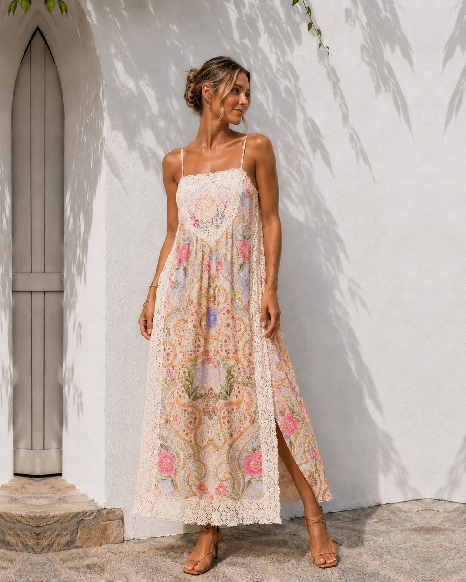 Women's saffron paisley floral maxi dress with crochet lace bodice, the Morisette Dress in Saffron Boheme by Esther & Co