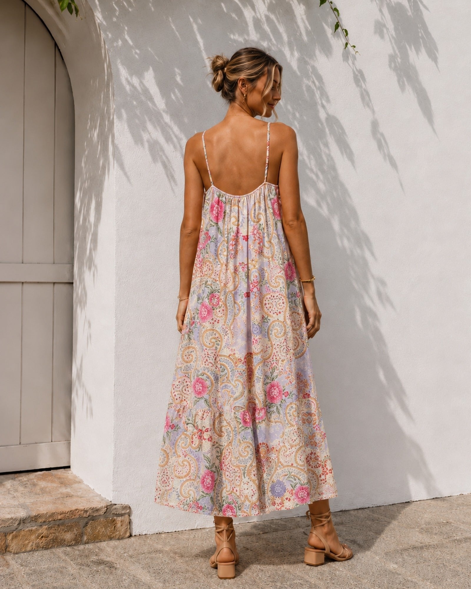 Women's saffron paisley floral maxi dress with crochet lace bodice, the Morisette Dress in Saffron Boheme by Esther & Co