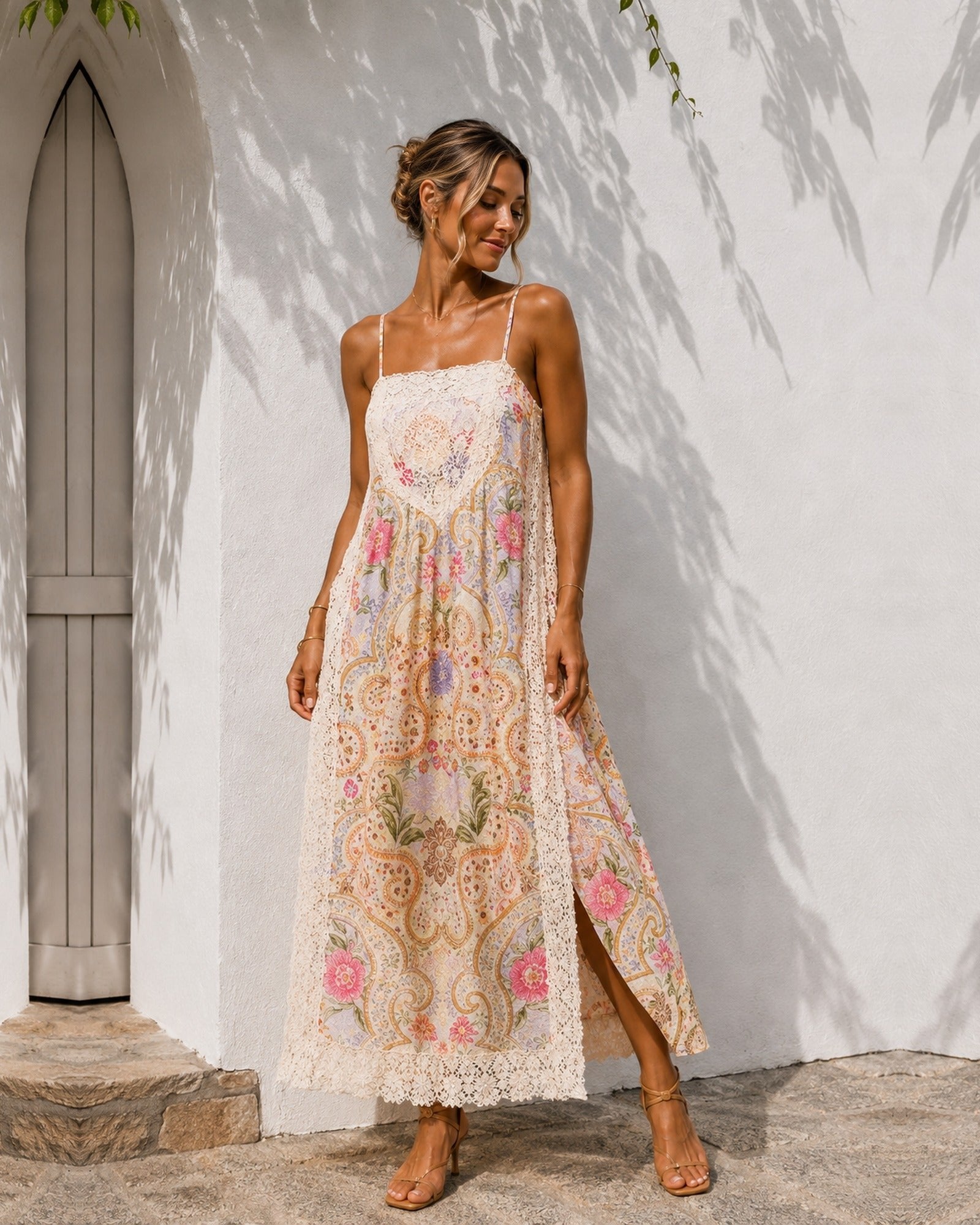Women's saffron paisley floral maxi dress with crochet lace bodice, the Morisette Dress in Saffron Boheme by Esther & Co