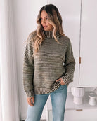 Women's latte stripe knit jumper with high mock neck and dropped shoulders by Esther & Co
