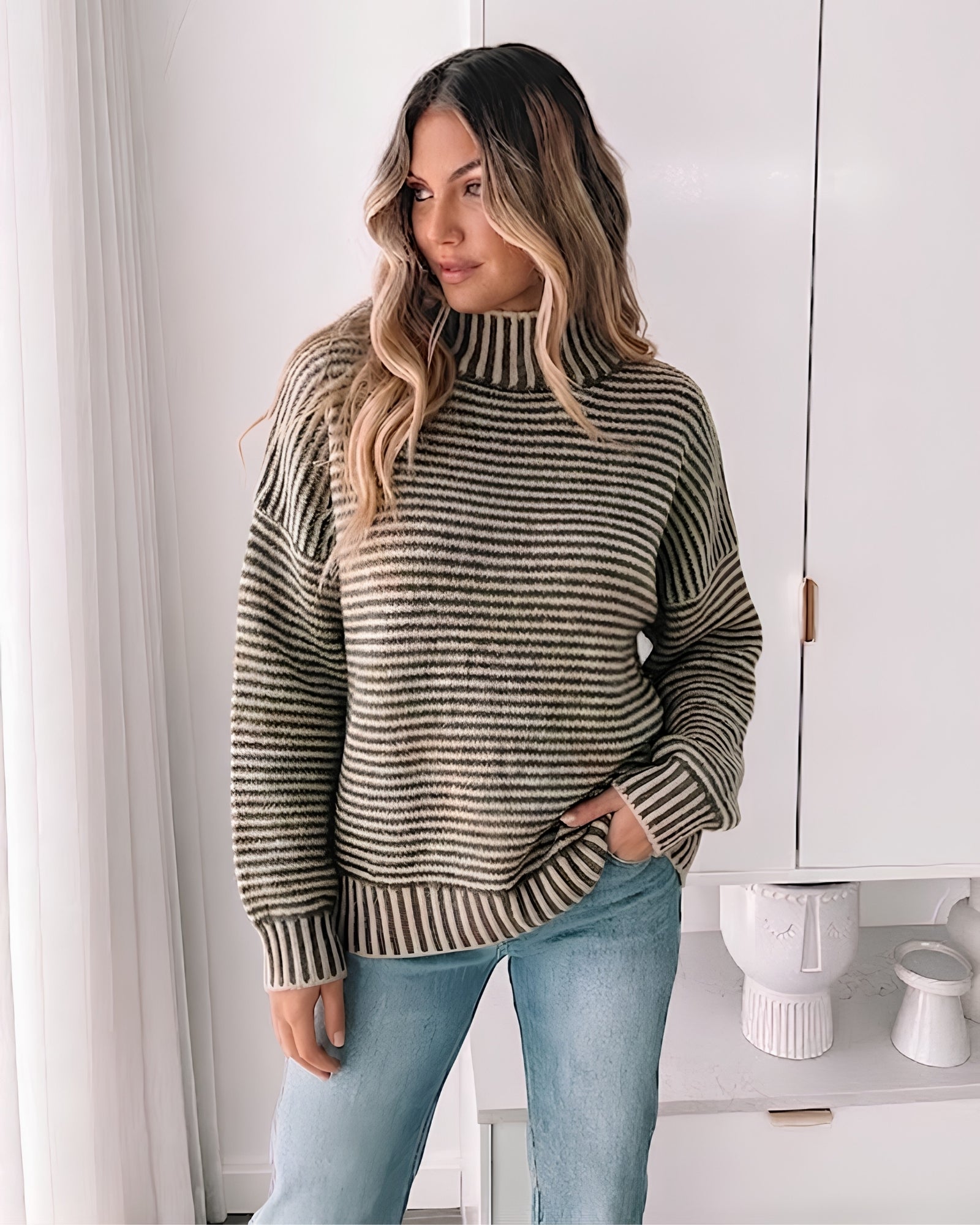Women's latte stripe knit jumper with high mock neck and dropped shoulders by Esther & Co