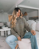 Women's striped latte high neck knit jumper with chunky ribbed detailing by Esther & Co