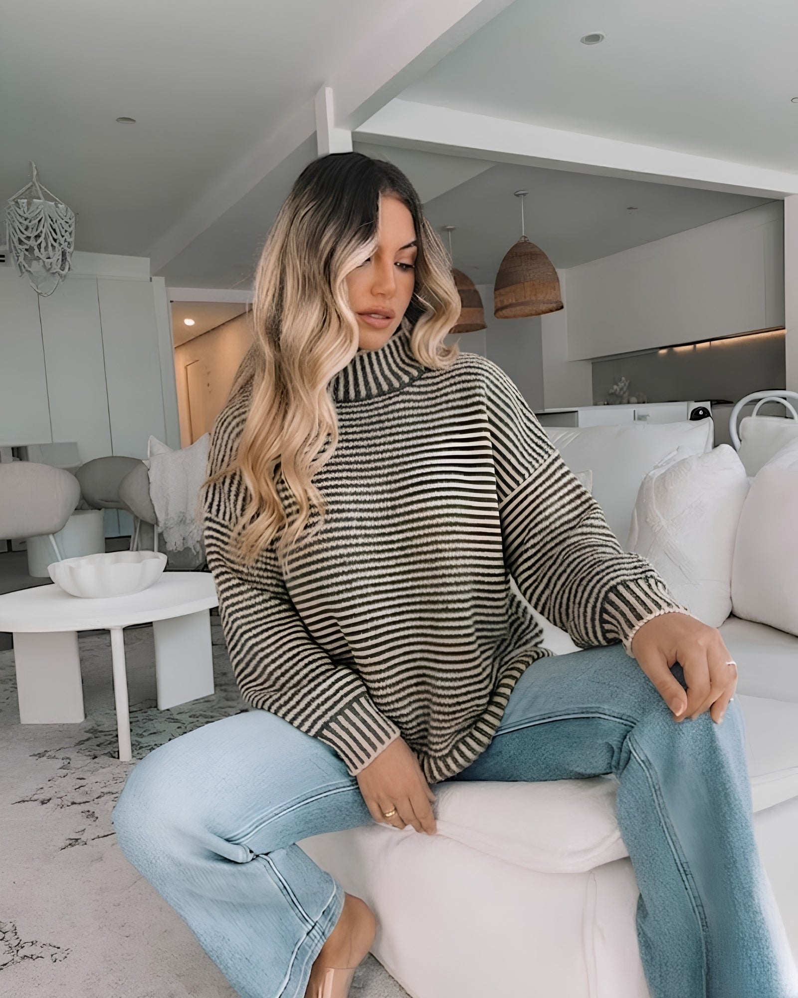 Women's striped latte high neck knit jumper with chunky ribbed detailing by Esther & Co