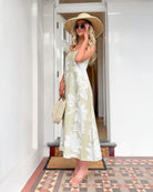 Noerele Dress in Light Khaki womens floral linen maxi dress light khaki front view