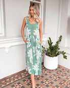 Noerelle sage floral linen maxi dress, detail view