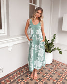 Noerelle Dress in Sage Floral sage floral linen maxi dress side view