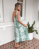 Noerelle Dress in Sage Floral sage floral linen maxi dress full length view