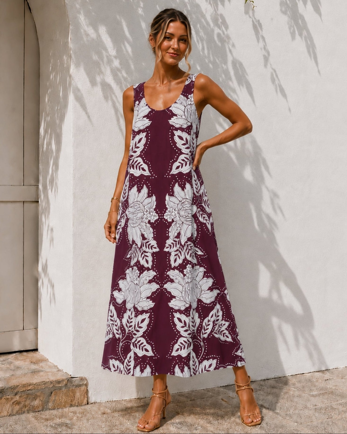 Women's wine floral print dress front view by Esther & Co