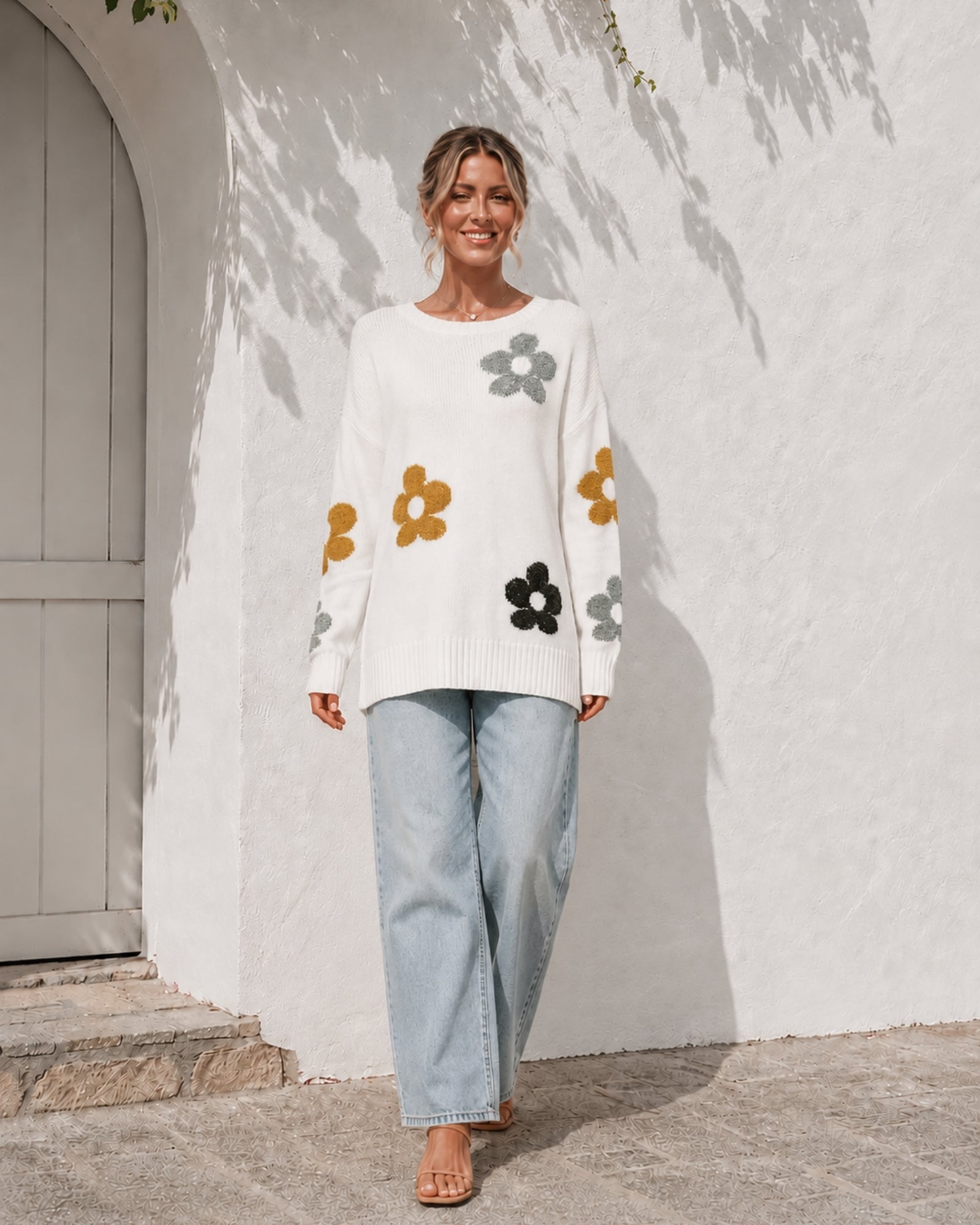 Women's cream floral knit jumper front view by Esther & Co