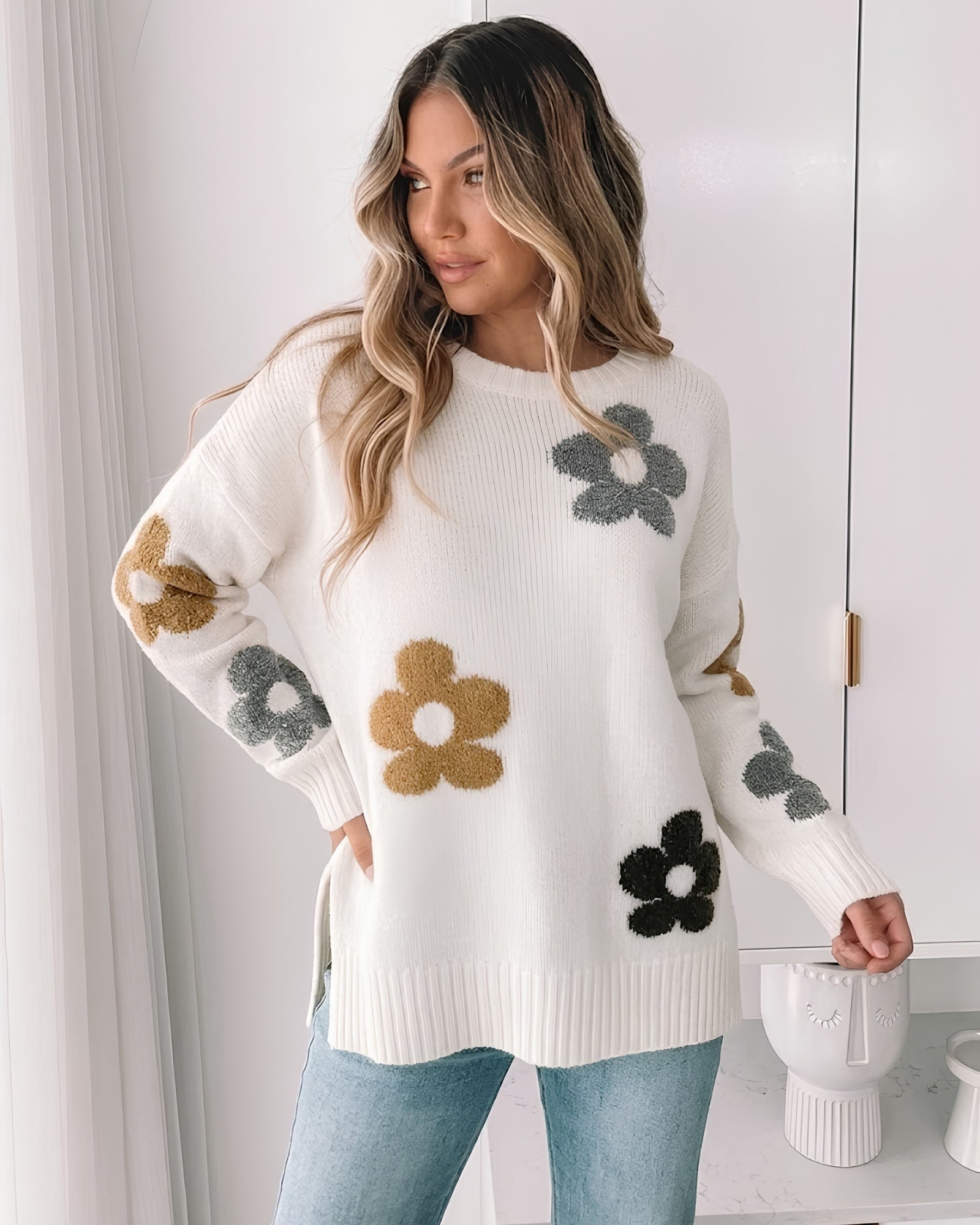 Women's cream knit jumper with romantic floral motif, the Novella Knit in Cream Floral by Esther & Co