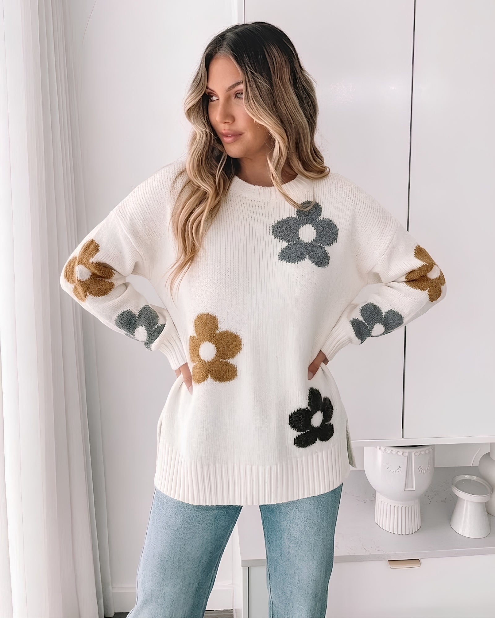 Women's soft cream knit jumper with all over floral design by Esther & Co