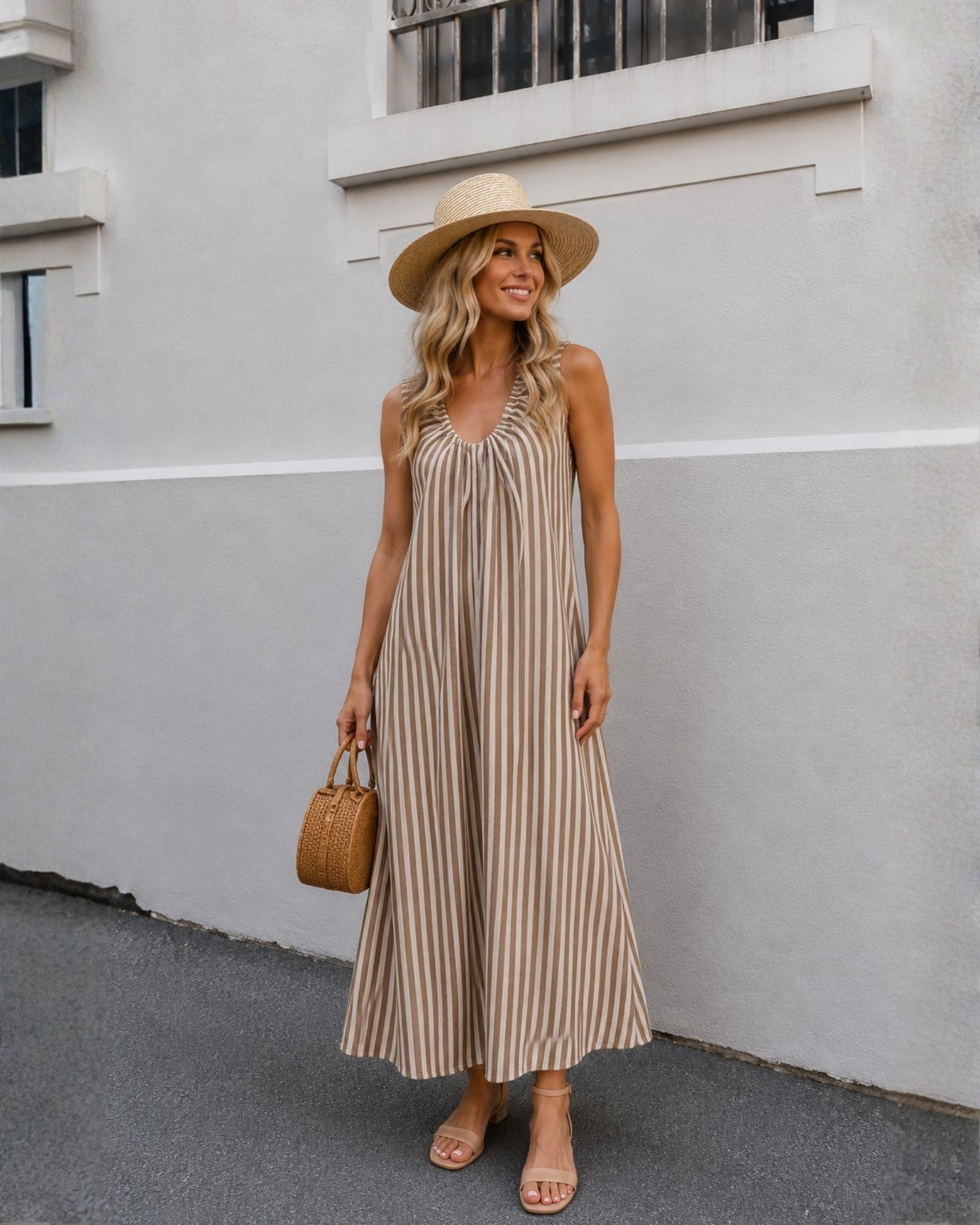 Women's beige stripe dress, the Nuala Dress in Beige Stripe by Esther & Co