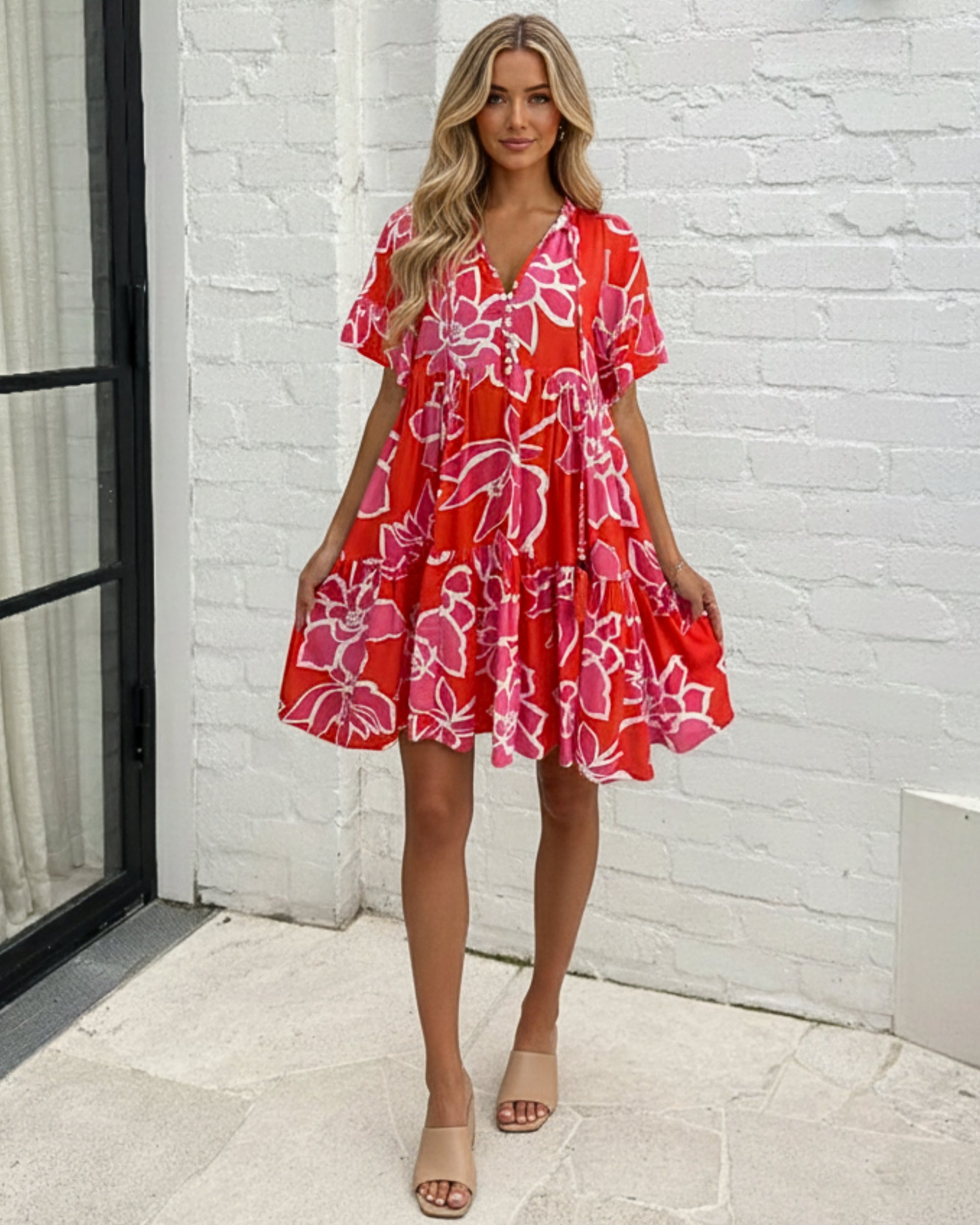 Women's red multi floral mini dress, the Ophelia Dress in Red Multi by Esther & Co