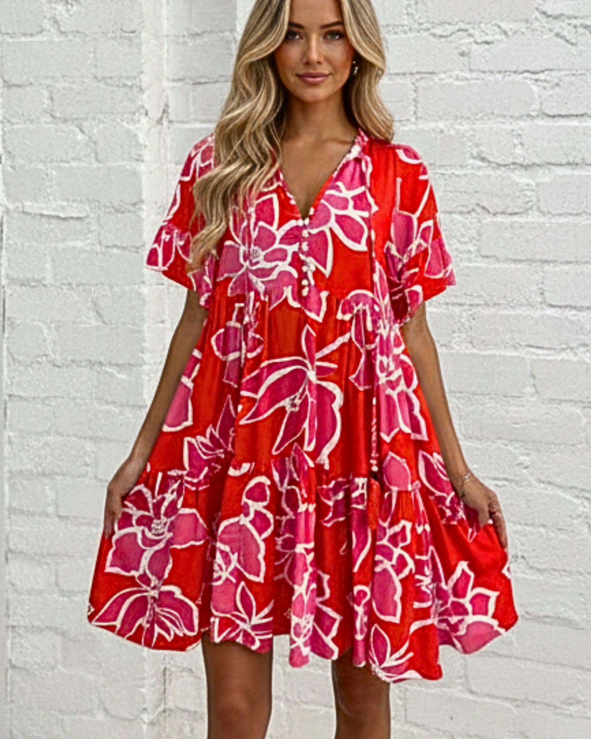 Women's red multi floral mini dress front view by Esther & Co