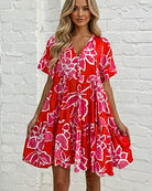 Women's red multi floral mini dress front view by Esther & Co